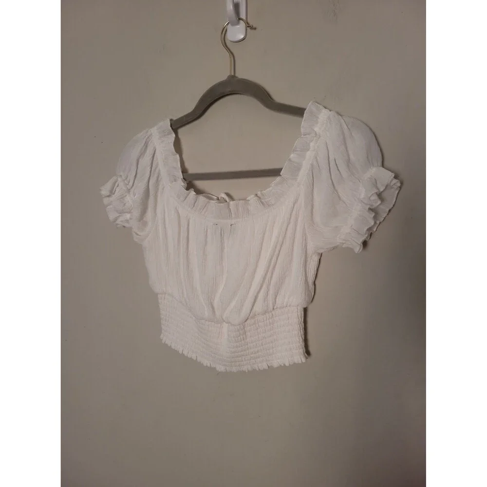 Majorelle White Cottagecore Smocked Crop Top Sz S Milkmaid Coquette Breathable - Picture 5 of 8